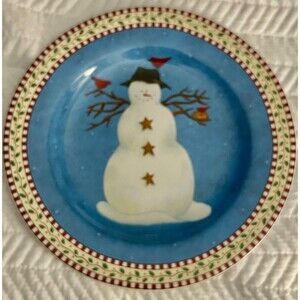 Snowman  and Cardinals Blue and Red Salad Plate by Sakura  8.5”